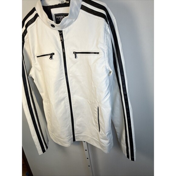 Vintage Y2K Hard Edge White & Black Racing Stripe Driving Leather Jacket Sz L - Picture 3 of 8